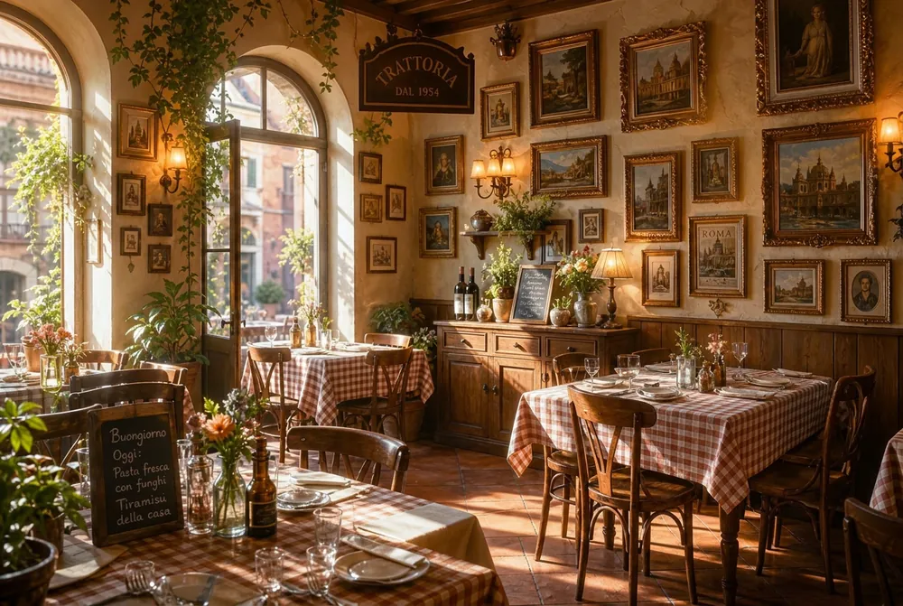 Trattoria dining room styled with framed art