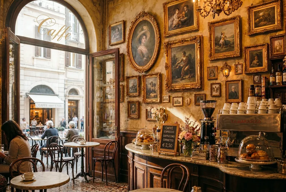 Classic Italian café with a gallery wall