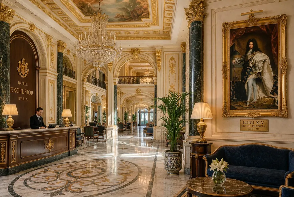 Grand hotel lobby with a framed portrait
