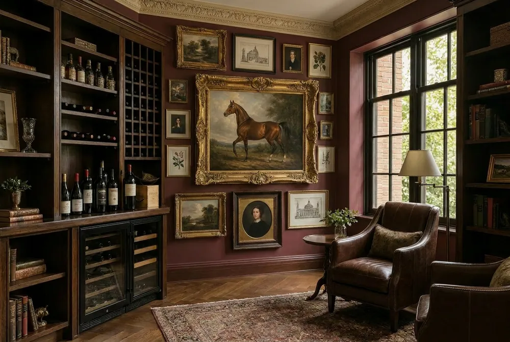 Wine lounge library with framed artworks